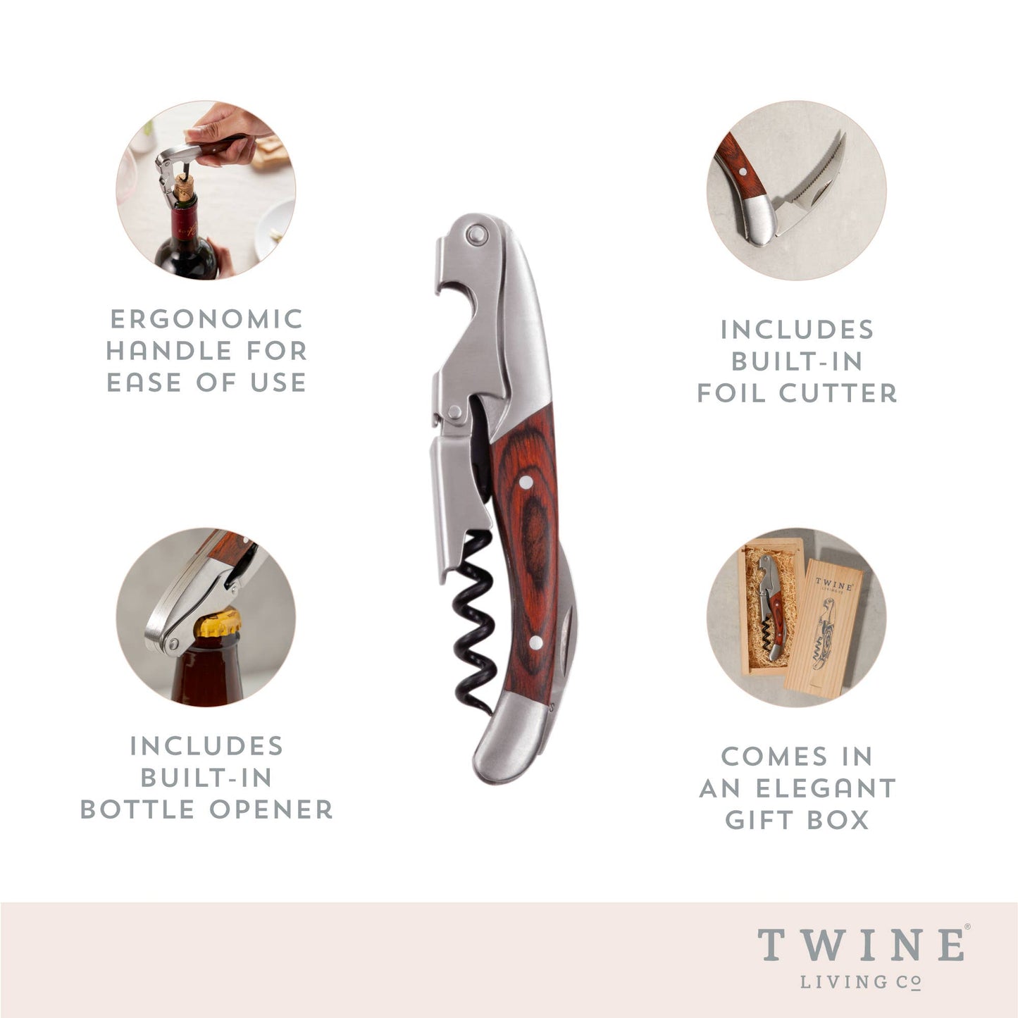 Rosewood Handle Double-Hinged Corkscrew w/ Wood Gift Box