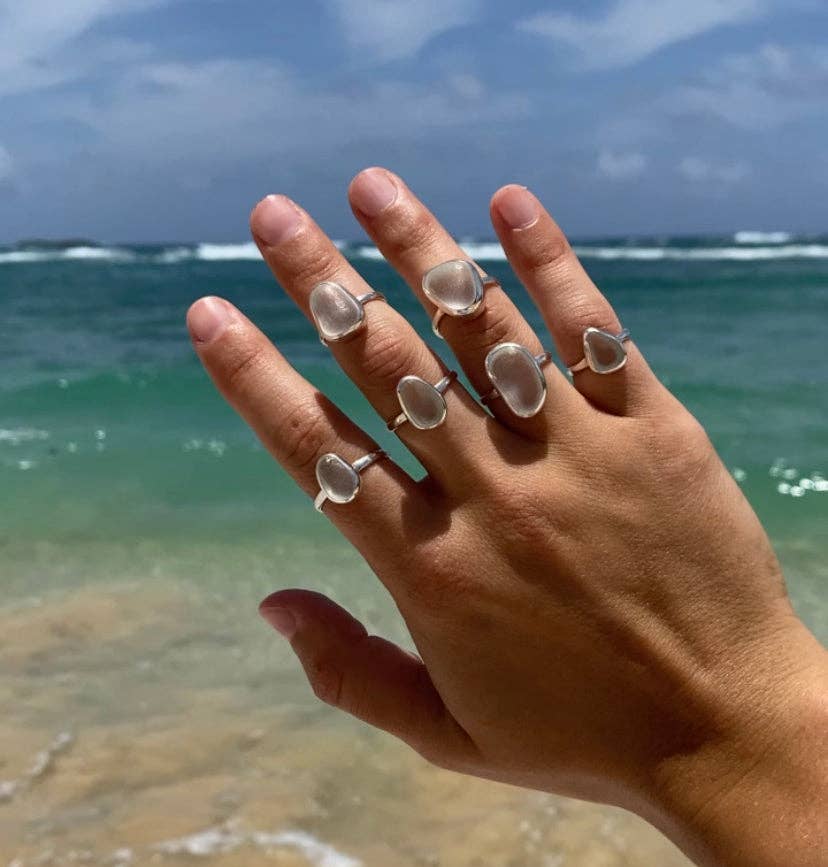 White Sea Glass Ring (Handmade): 925 Silver / 8