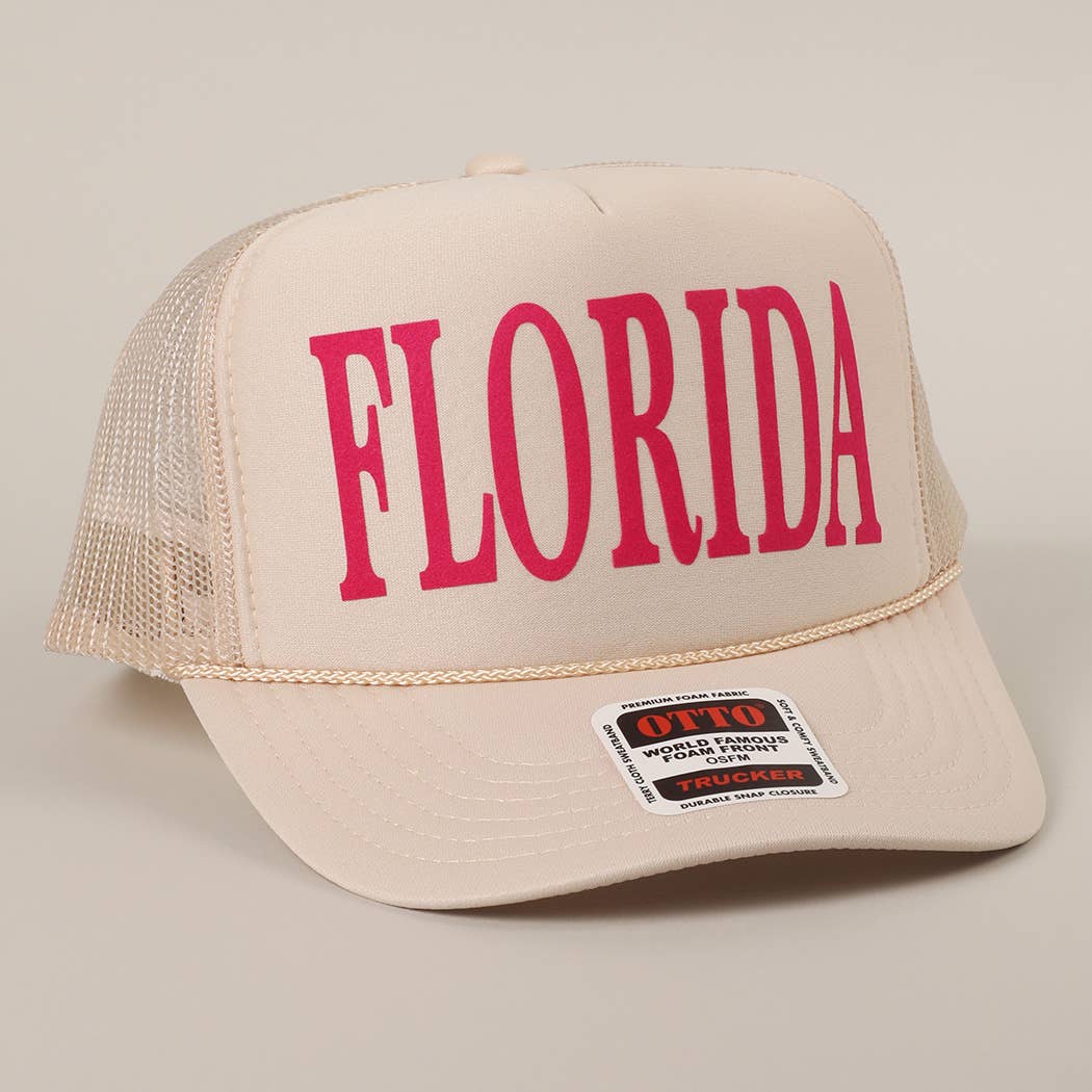 FLORIDA Text Printed Mesh Back Foam Trucker Hat: Pink / ONE SIZE