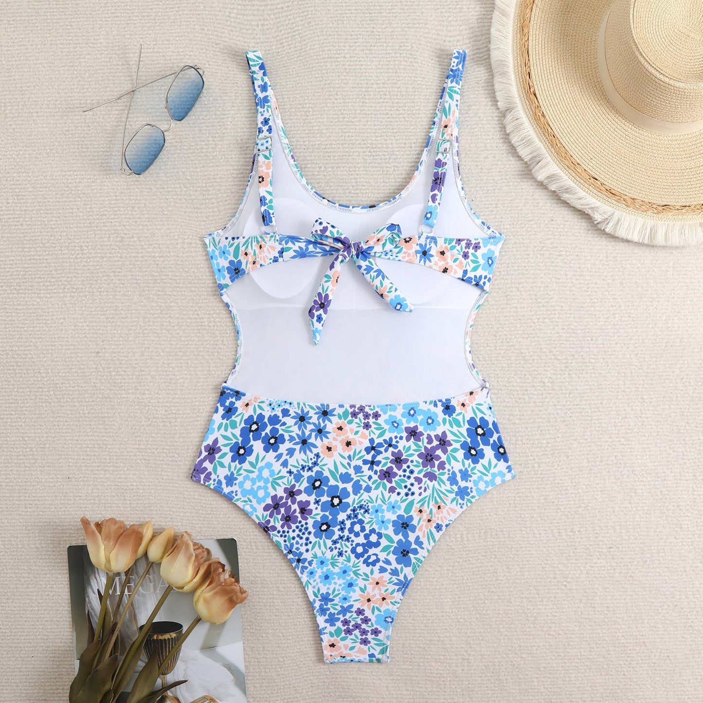 Backless Floral One-Piece Bathing Suit: Blue / S