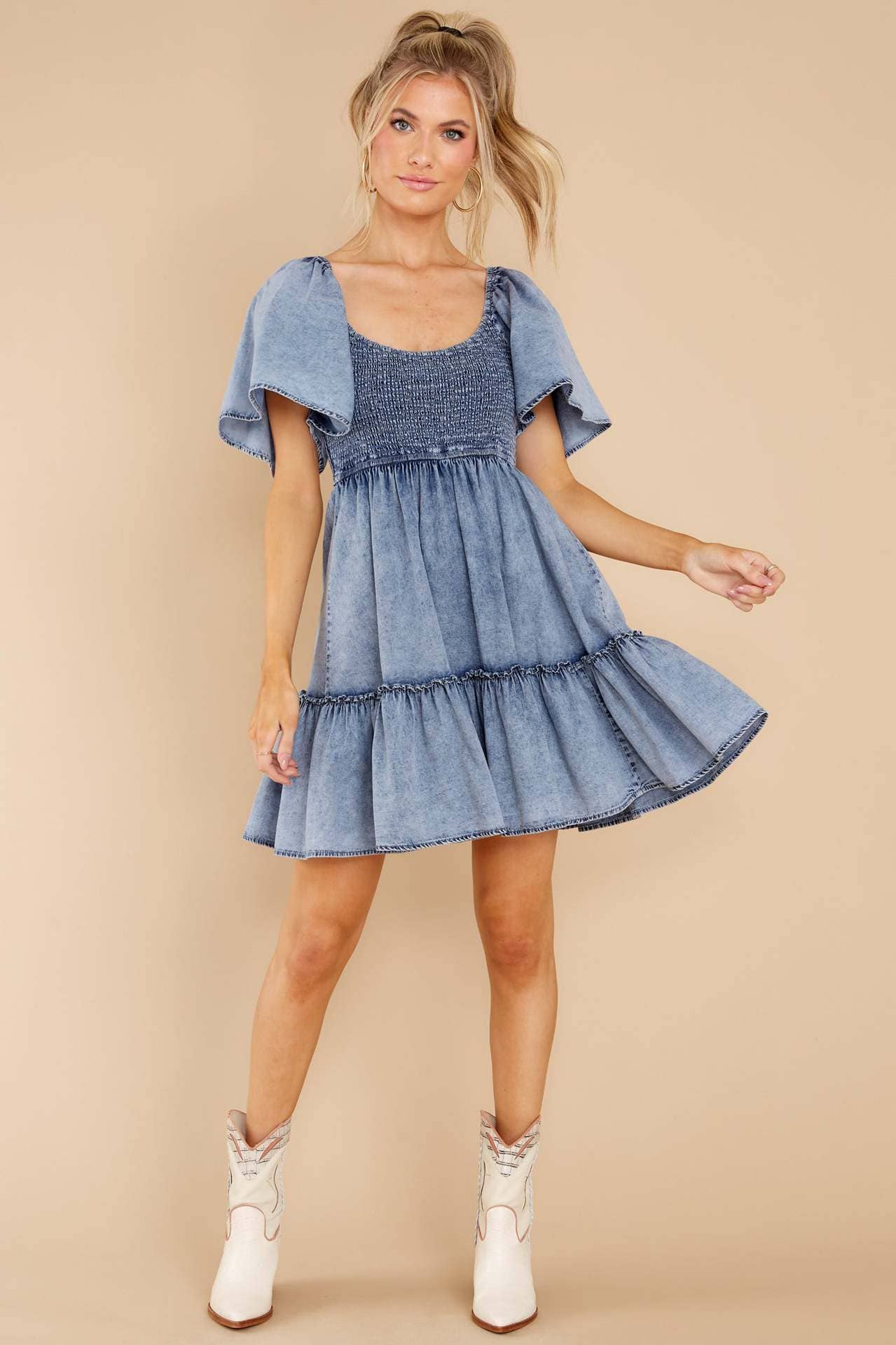 Denim Short Sleeve Tunic Dress: Blue / Missy / S