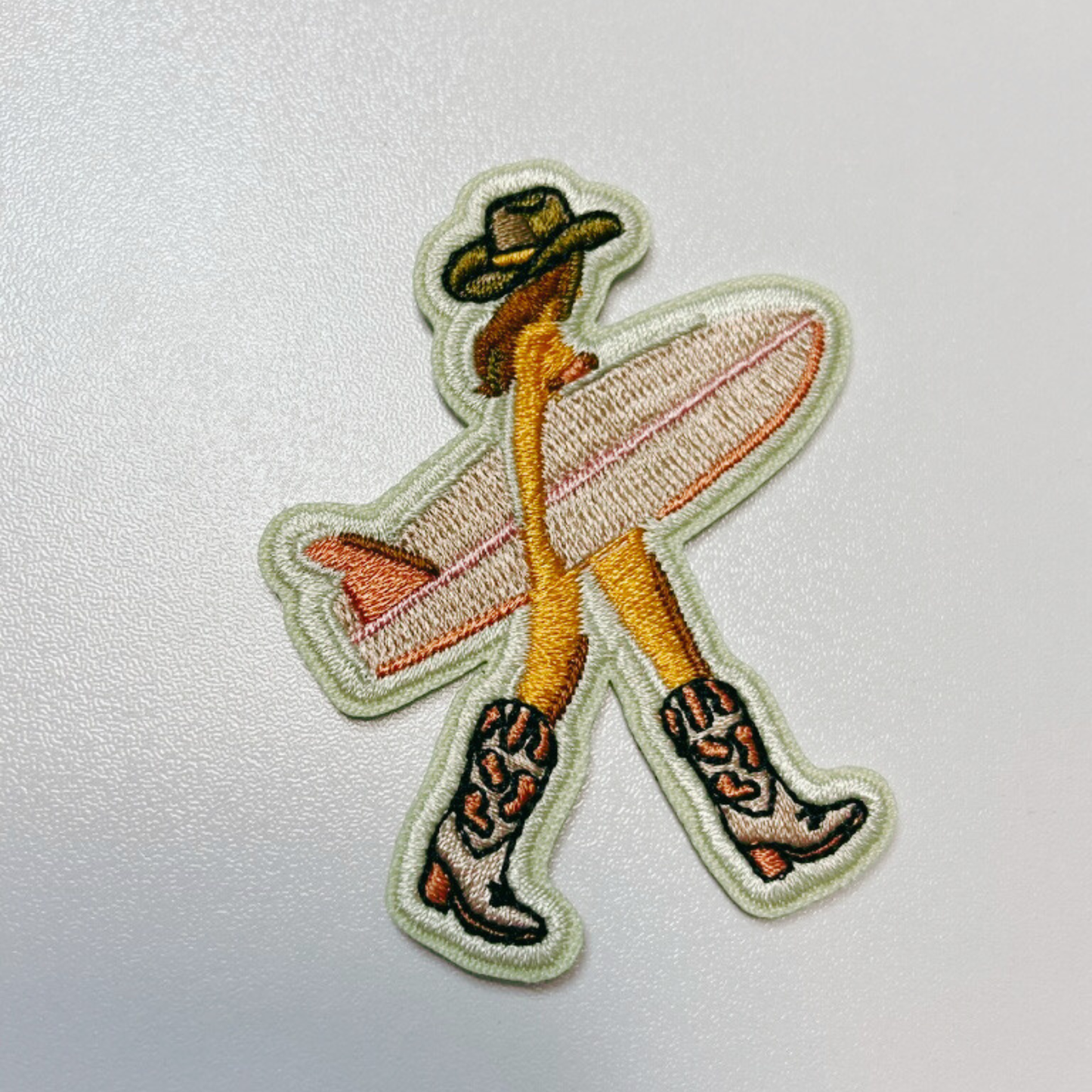 2.5" Cowgirl w Surfboard - Embroidered Hat Patch: Embroidered Patch