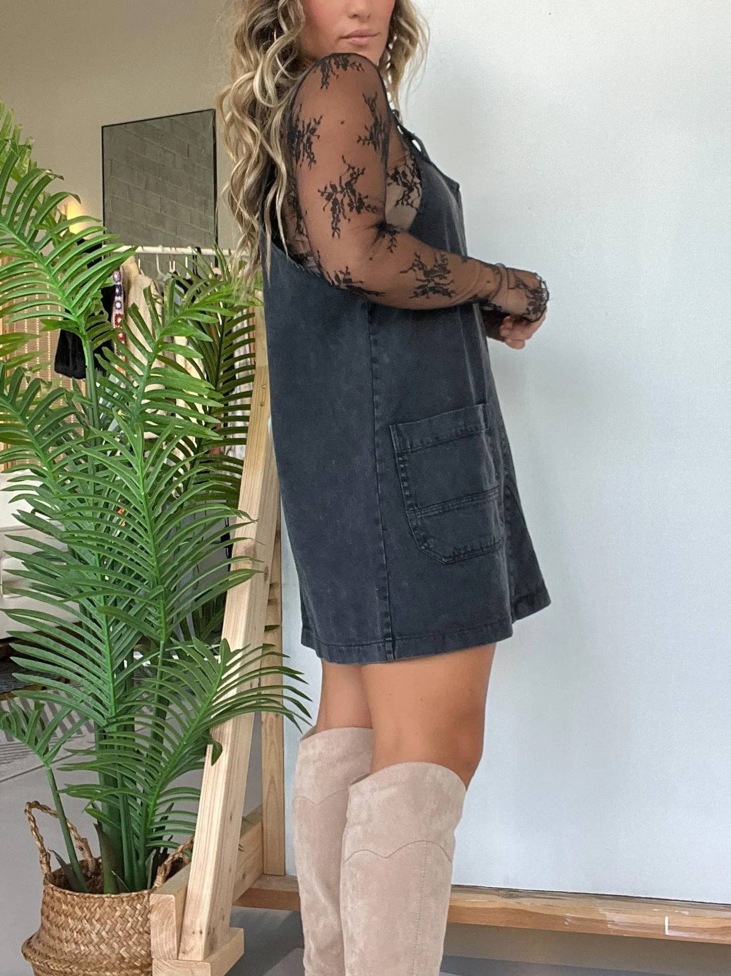 Western cowgirl Style denim shortall overalls dress: Black / L