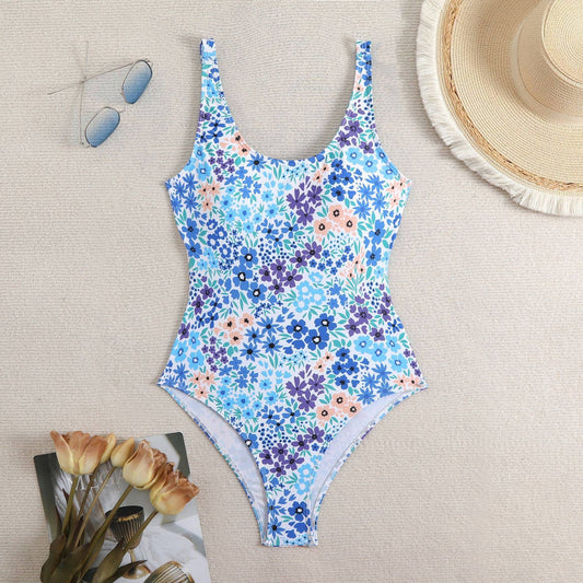 Backless Floral One-Piece Swimsuit: Green / M