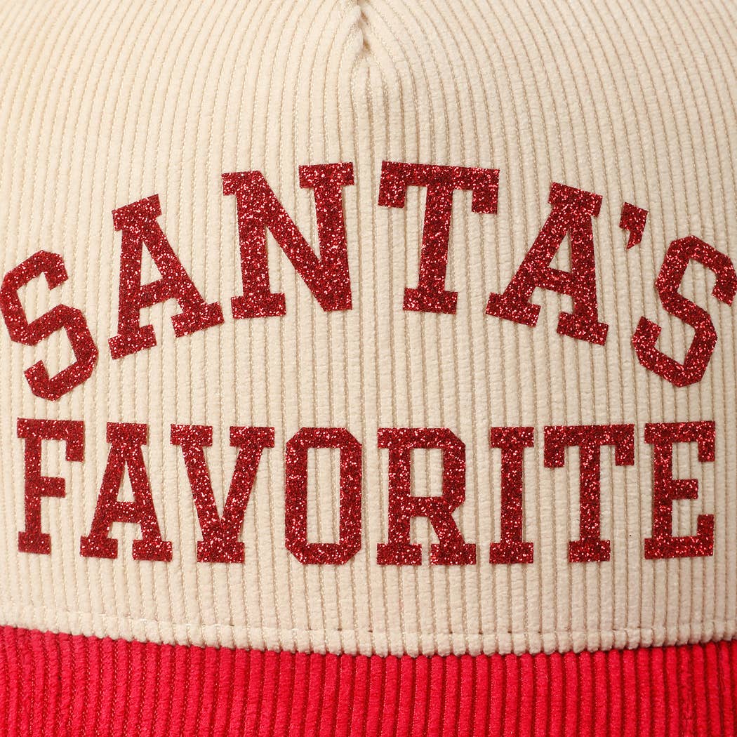 Santa's Favorite Glitter Text 5 Panel Corduroy Cap: Burgundy / ONE SIZE