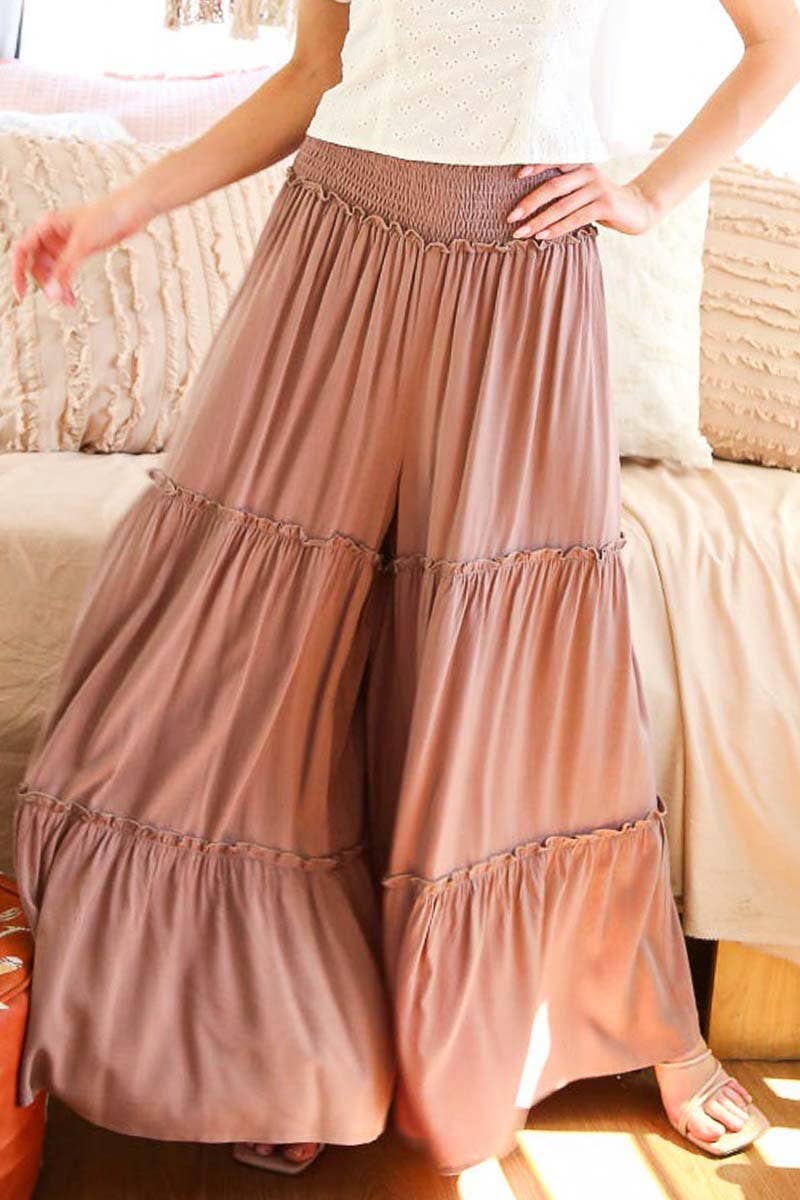 Maxi Tiered  Wide Leg Beach Palazzo Pants VP73052: Mocha / M