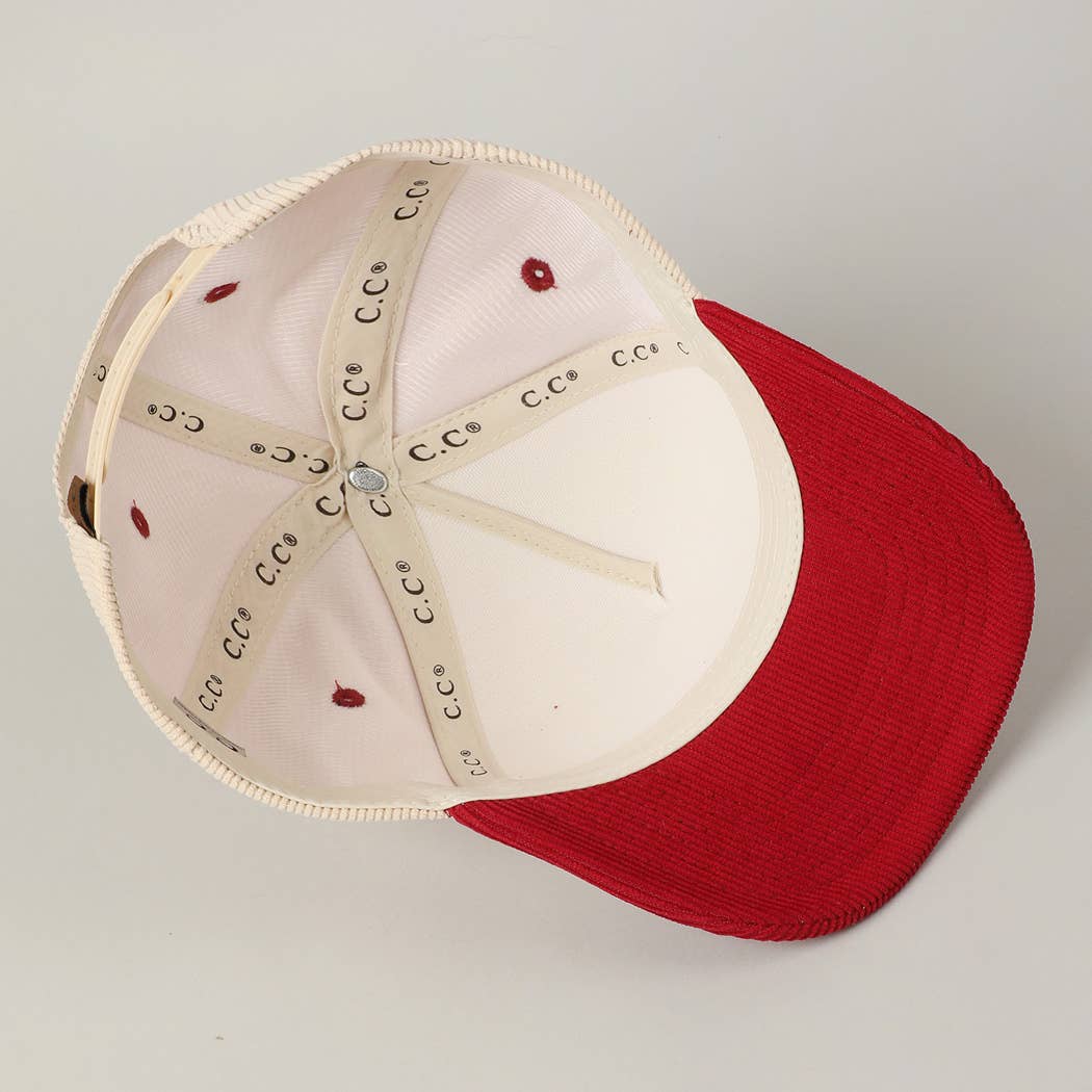 Santa's Favorite Glitter Text 5 Panel Corduroy Cap: Burgundy / ONE SIZE