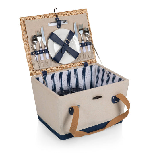 Picnic Basket for 2: Beige Canvas with Navy Blue Accents
