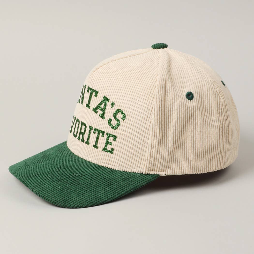 Santa's Favorite Glitter Text 5 Panel Corduroy Cap: Burgundy / ONE SIZE