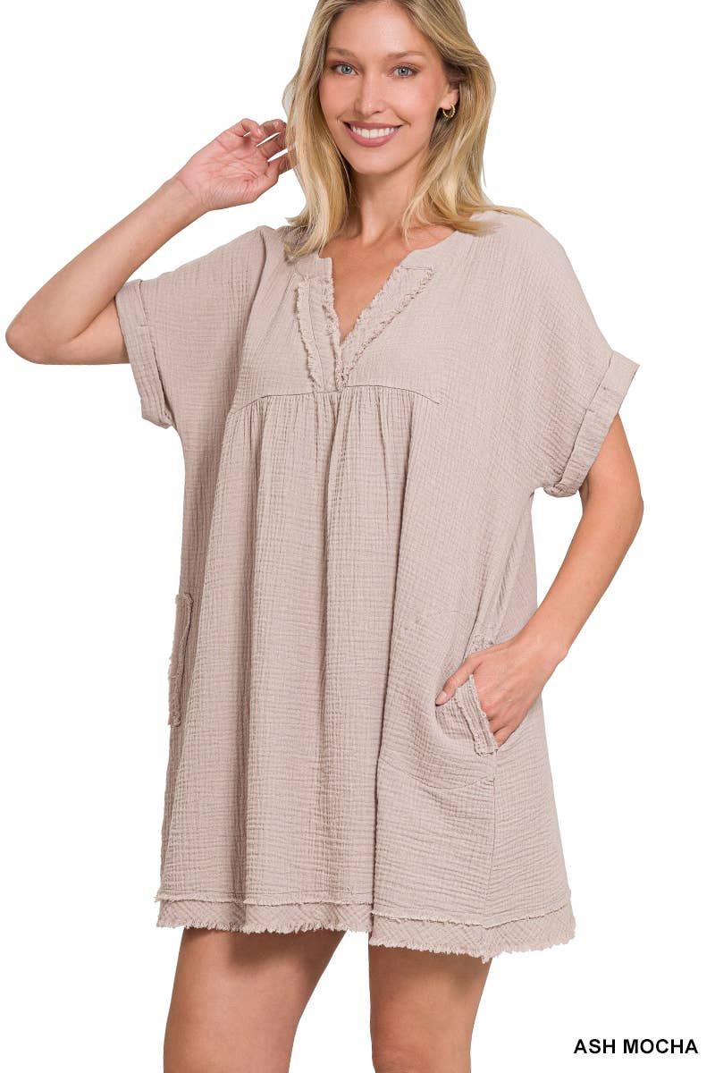 `.Double Gauze Raw Edge Dress w/ Pockets: ASH MOCHA-164472 / L