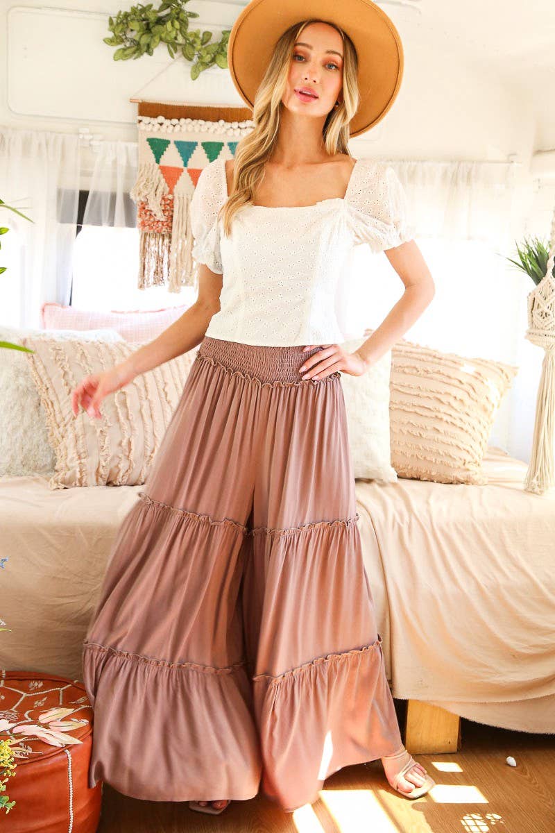 Maxi Tiered  Wide Leg Beach Palazzo Pants VP73052: Mocha / L