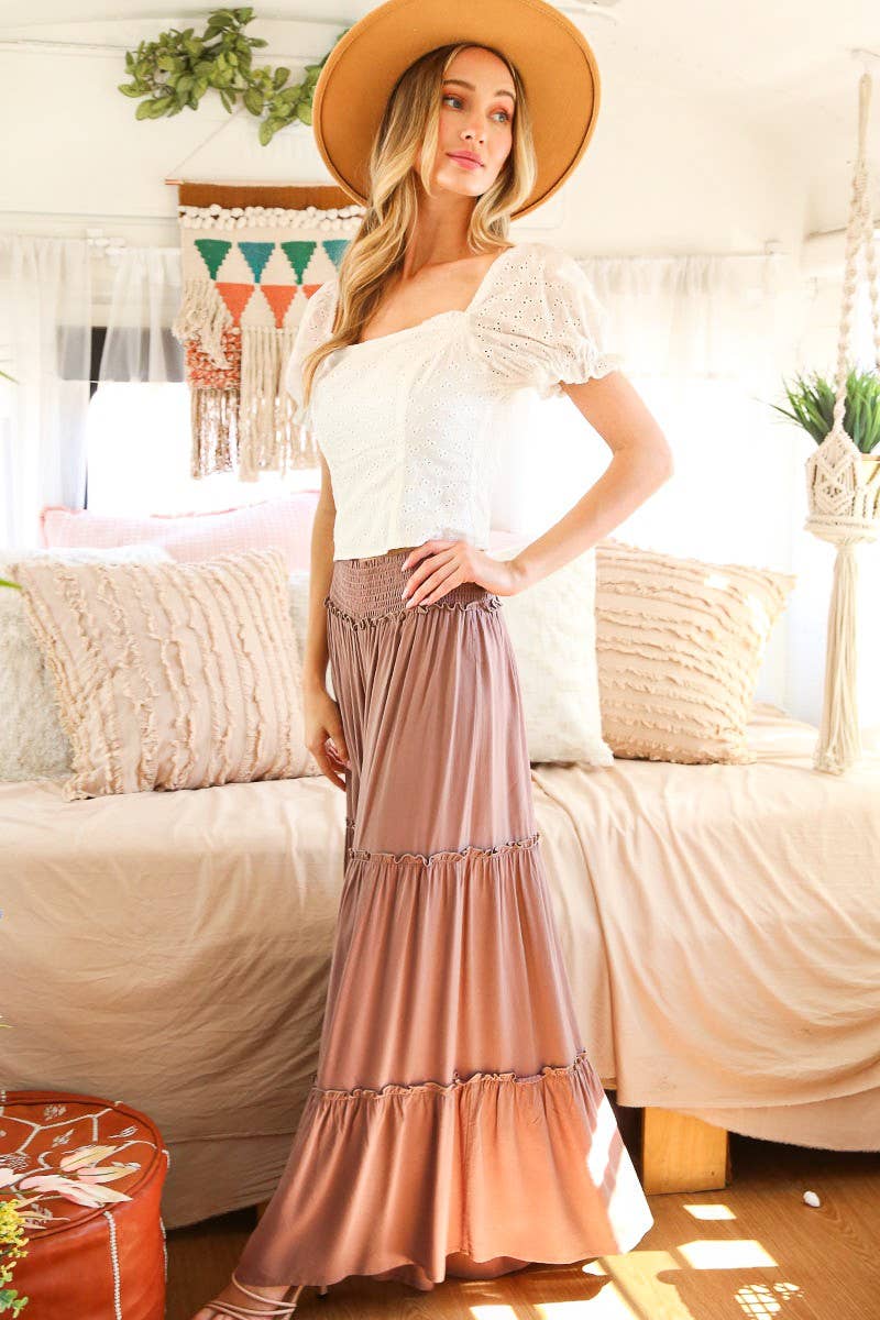Maxi Tiered  Wide Leg Beach Palazzo Pants VP73052: Mocha / S