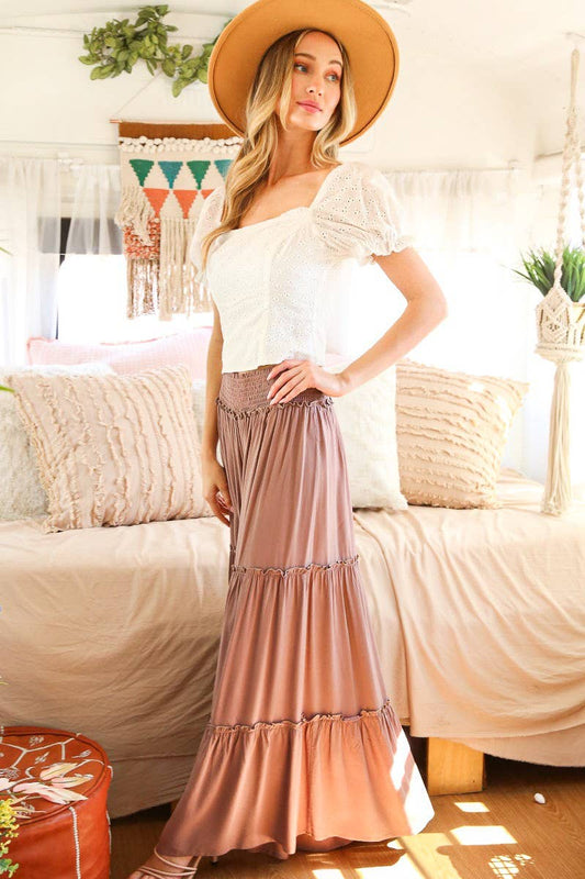 Maxi Tiered  Wide Leg Beach Palazzo Pants VP73052: Mocha / S