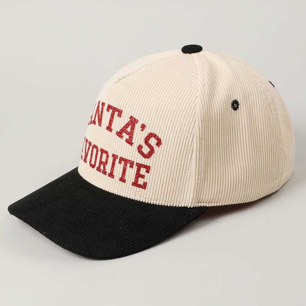 Santa's Favorite Glitter Text 5 Panel Corduroy Cap: Burgundy / ONE SIZE