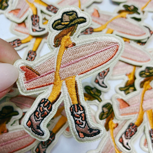 2.5" Cowgirl w Surfboard - Embroidered Hat Patch: Embroidered Patch