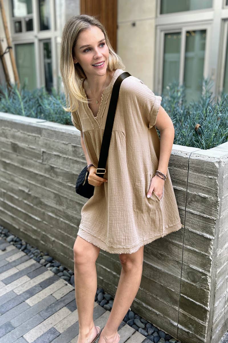`.Double Gauze Raw Edge Dress w/ Pockets: ASH MOCHA-164472 / M