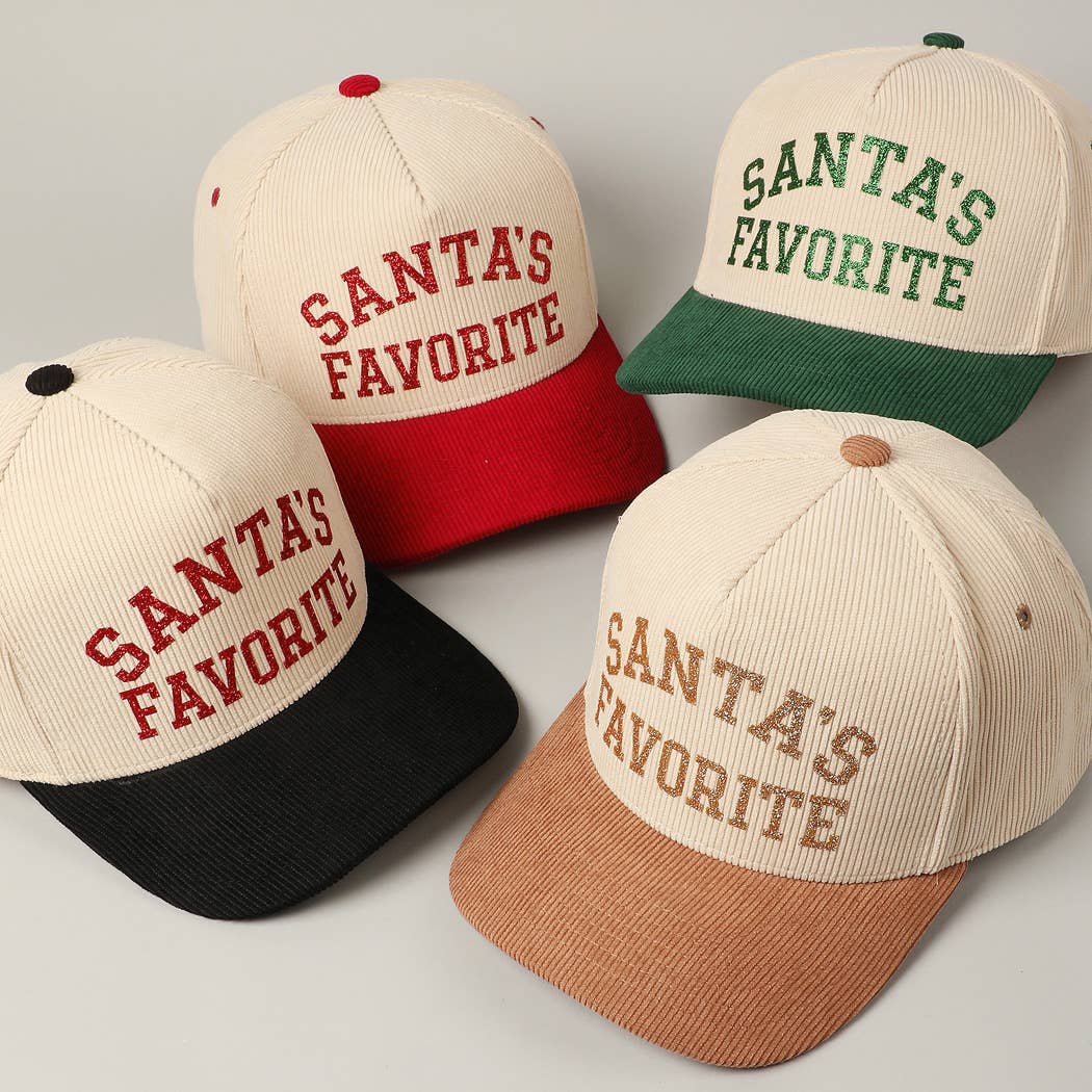 Santa's Favorite Glitter Text 5 Panel Corduroy Cap: Burgundy / ONE SIZE