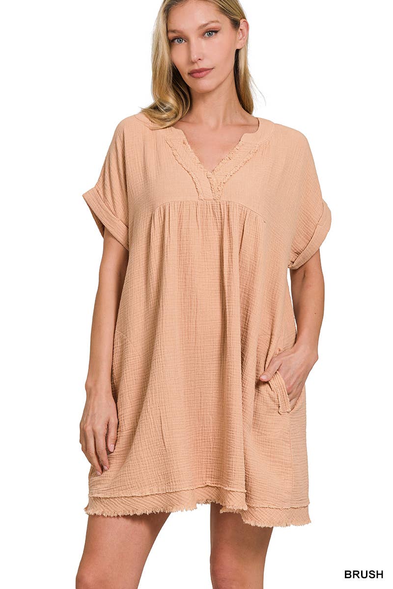 `.Double Gauze Raw Edge Dress w/ Pockets: ASH MOCHA-164472 / L