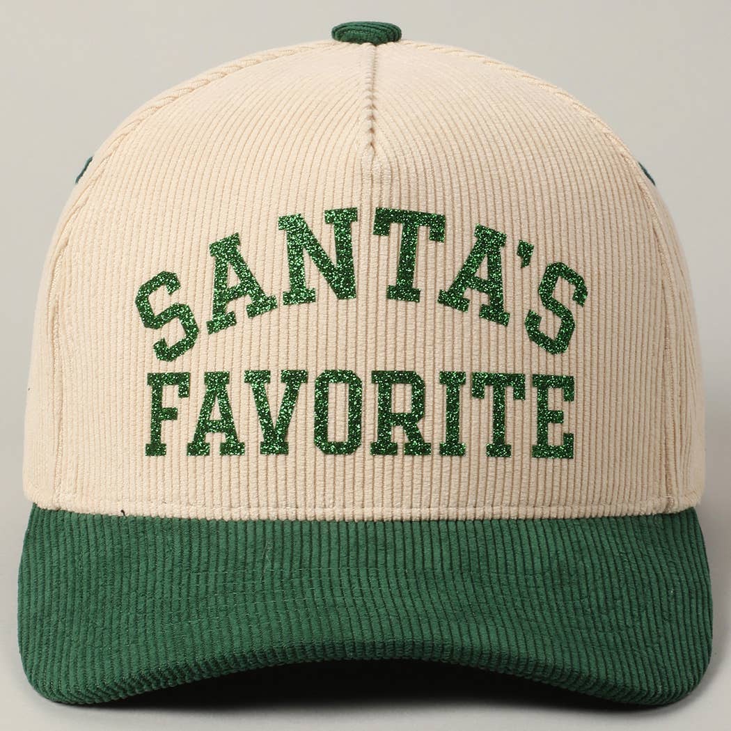 Santa's Favorite Glitter Text 5 Panel Corduroy Cap: Burgundy / ONE SIZE