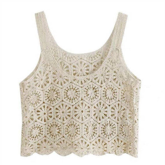 Vintage Embroidery Hollow Out Crochet Knit Vest: Beige / One Size