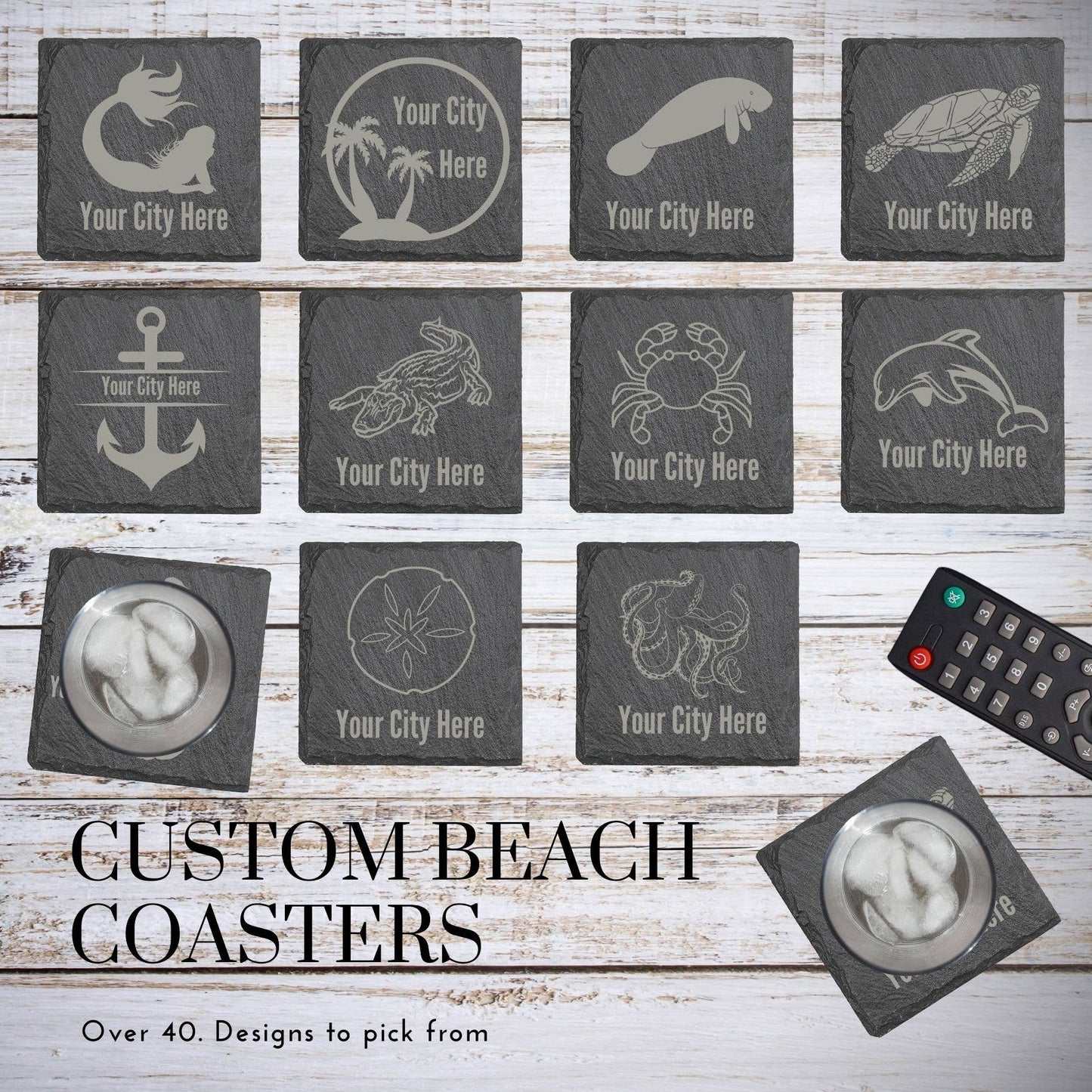 Beach Coasters, Nautical Coasters, Engraved Slate Coasters: Sand Dollar / 4" Round