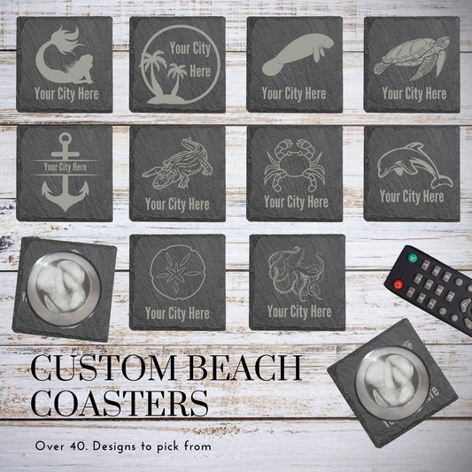 Beach Coasters, Nautical Coasters, Engraved Slate Coasters: Sand Dollar / 4" Round