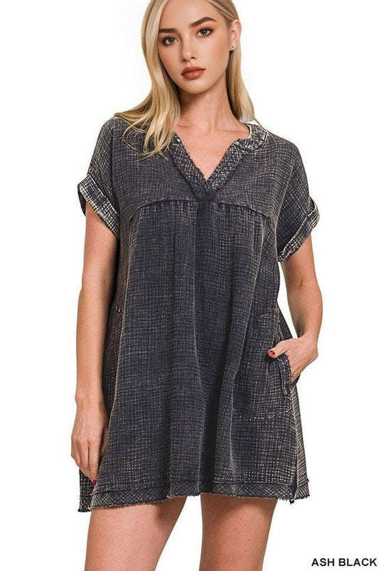 `.Double Gauze Raw Edge Dress w/ Pockets: ASH BLACK-164473 / XL