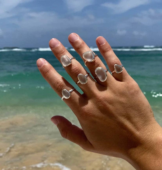 White Sea Glass Ring (Handmade): 925 Silver / 8