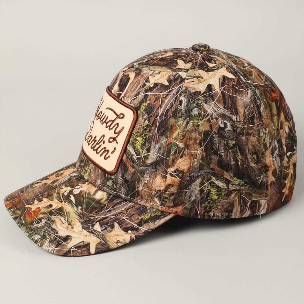 Howdy Darlin' Embroidery Patch Camo Trucker Hat: BEIGE CAMO / ONE SIZE
