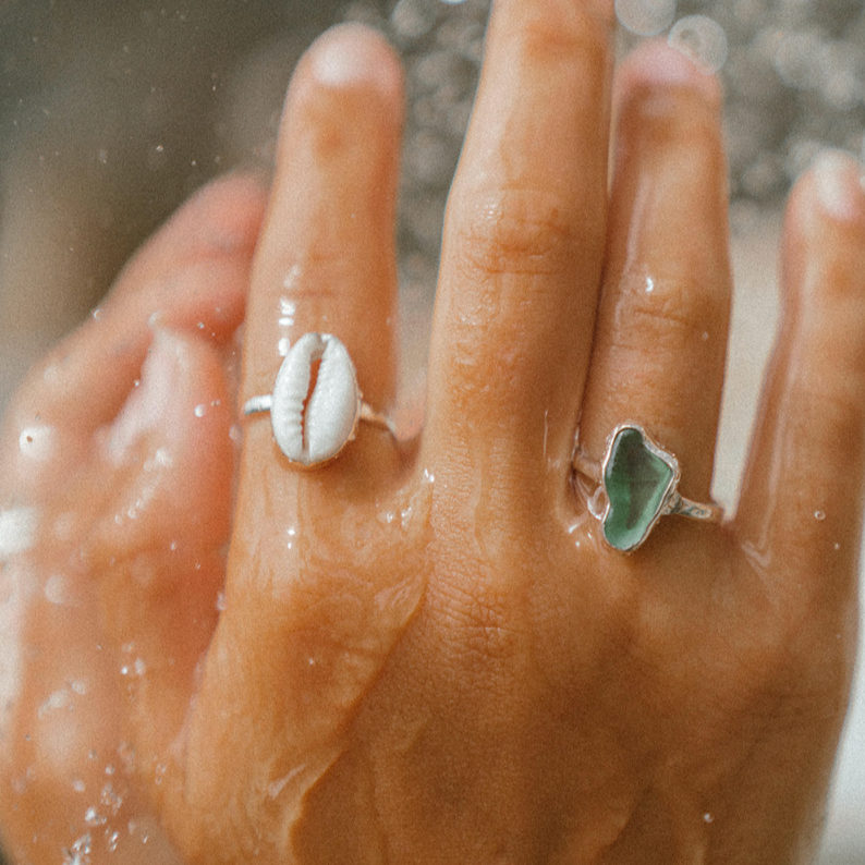 Green Sea Glass Ring (Handmade): 925 Silver / 7
