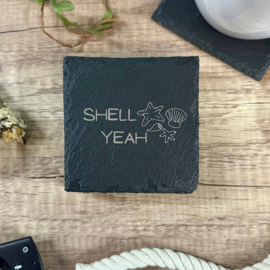 "Shell Yeah" Beach Slate Coasters Seashell Design 4x4 Stone: Square