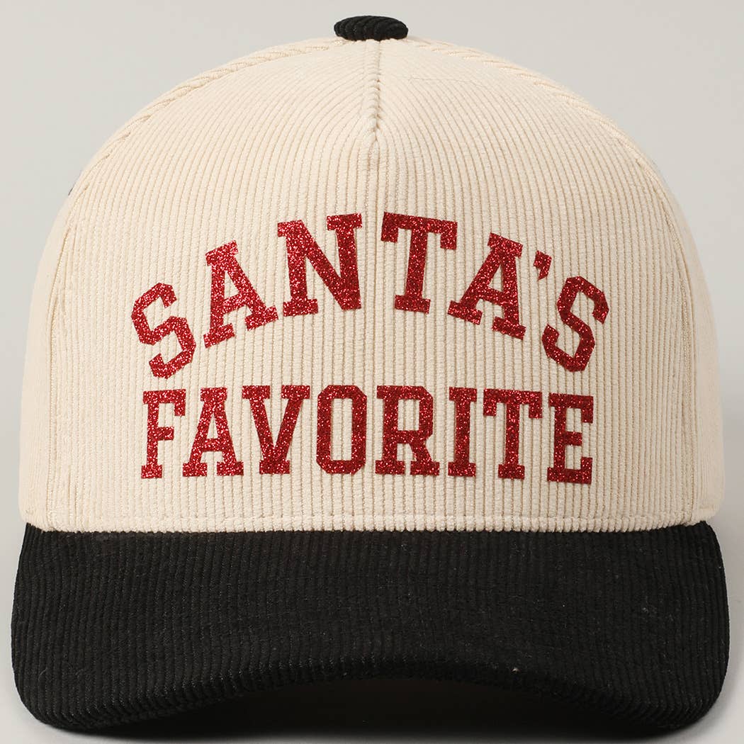 Santa's Favorite Glitter Text 5 Panel Corduroy Cap: Burgundy / ONE SIZE
