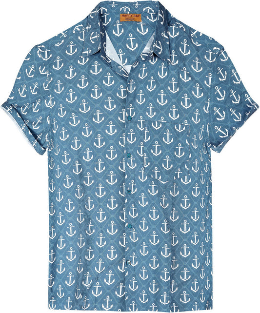 HAPPY BAY Blue Anchor Super SOFT Rayon Blend Men Shirts: Blue / Rayon Blend / Medium