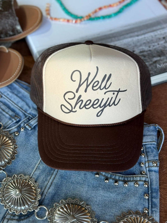 Well Sheeyit Trucker Hat: Brown & Tan