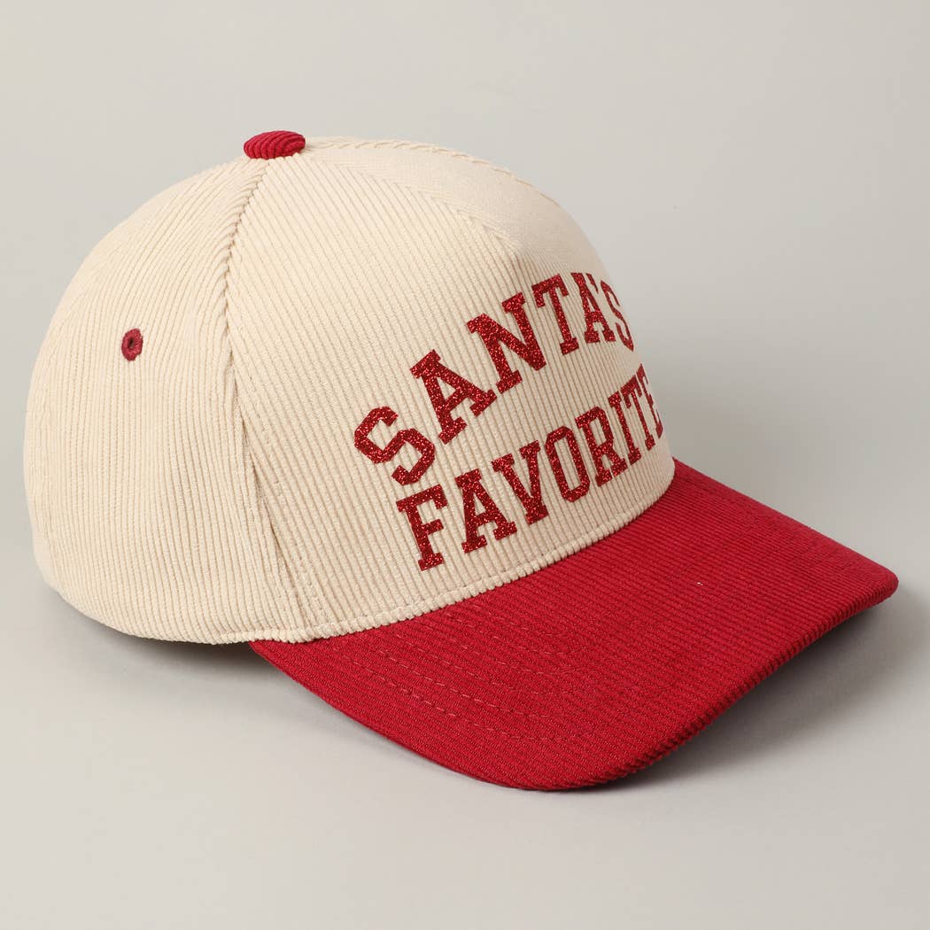 Santa's Favorite Glitter Text 5 Panel Corduroy Cap: Burgundy / ONE SIZE