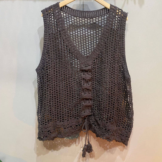 Crochet Drawstring Vest: Gray / Missy / One Size
