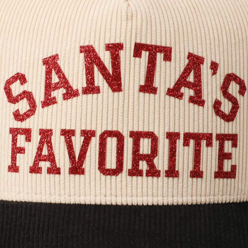 Santa's Favorite Glitter Text 5 Panel Corduroy Cap: Burgundy / ONE SIZE