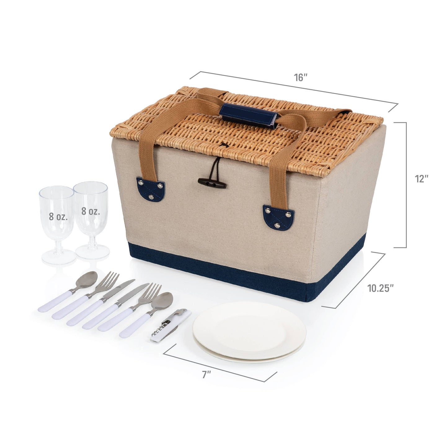 Picnic Basket for 2: Beige Canvas with Navy Blue Accents