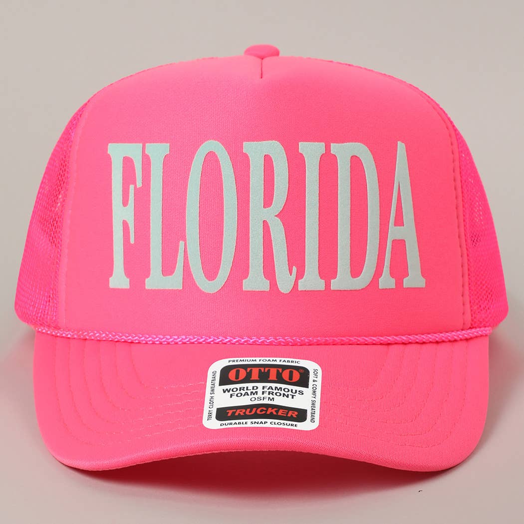 FLORIDA Text Printed Mesh Back Foam Trucker Hat: Pink / ONE SIZE
