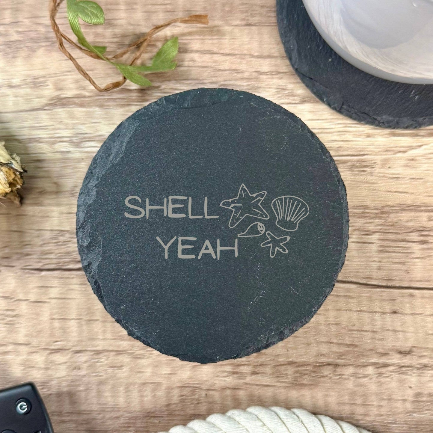 "Shell Yeah" Beach Slate Coasters Seashell Design 4x4 Stone: Square