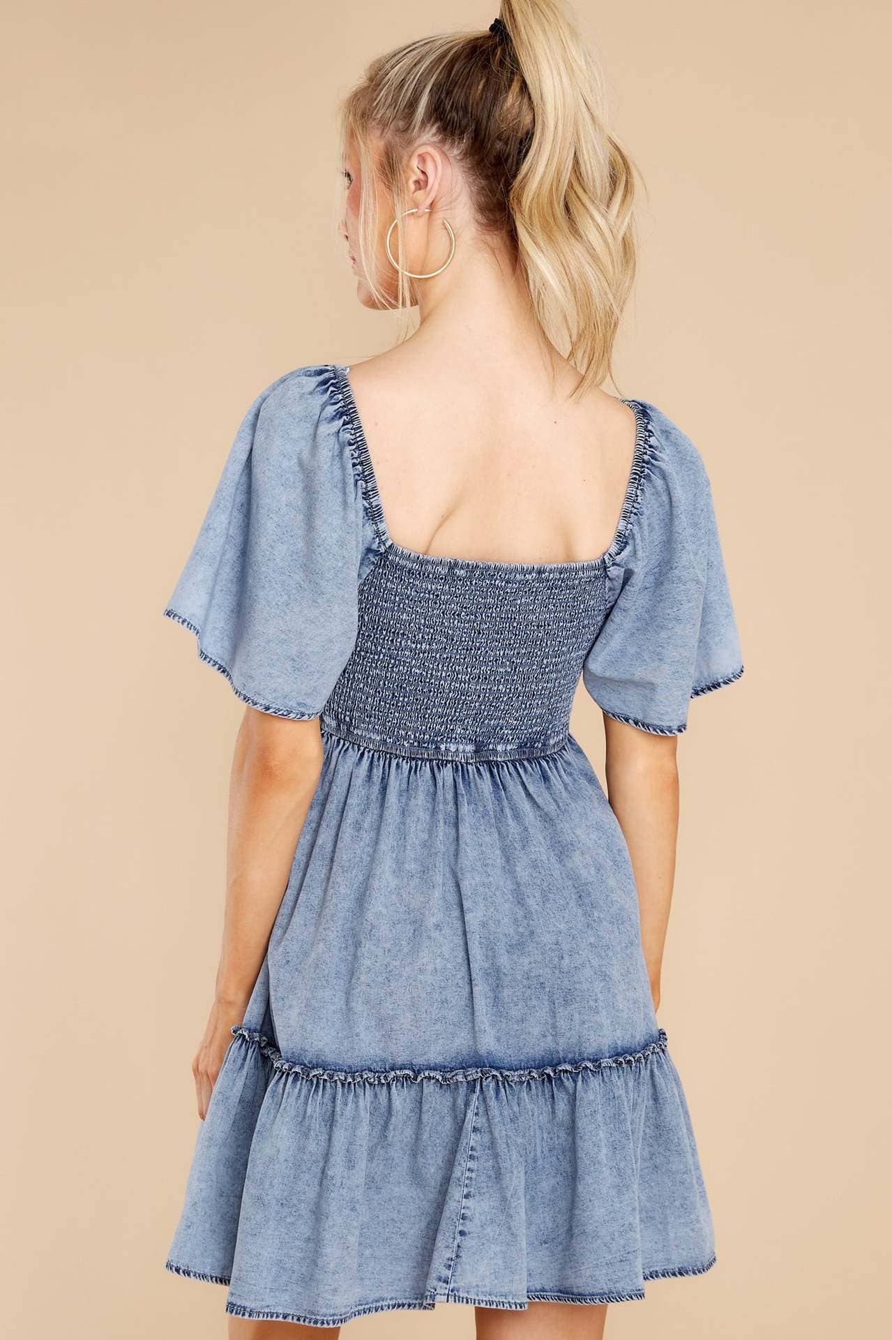 Denim Short Sleeve Tunic Dress: Blue / Missy / S