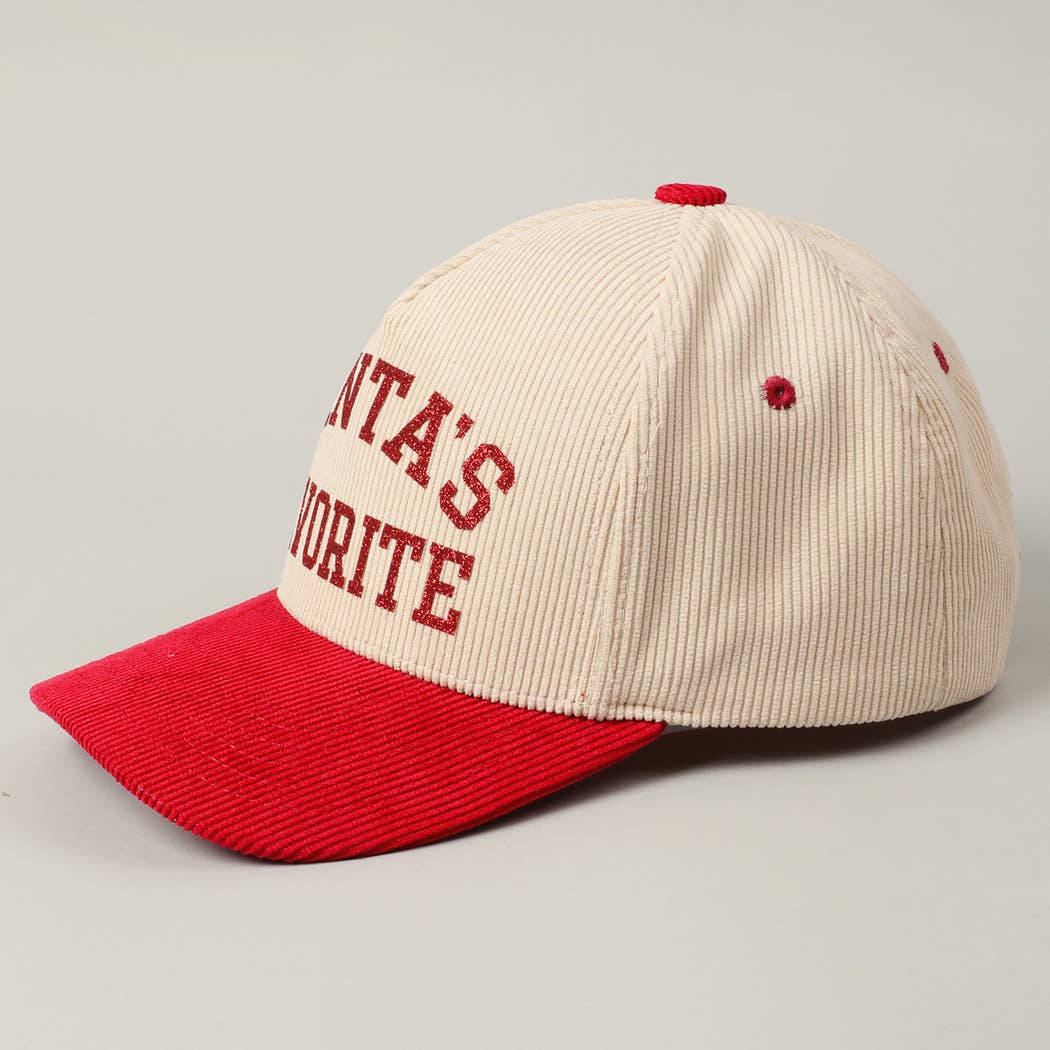 Santa's Favorite Glitter Text 5 Panel Corduroy Cap: Burgundy / ONE SIZE