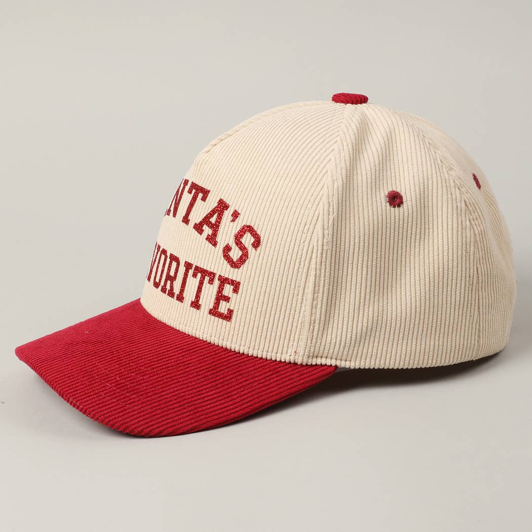 Santa's Favorite Glitter Text 5 Panel Corduroy Cap: Burgundy / ONE SIZE
