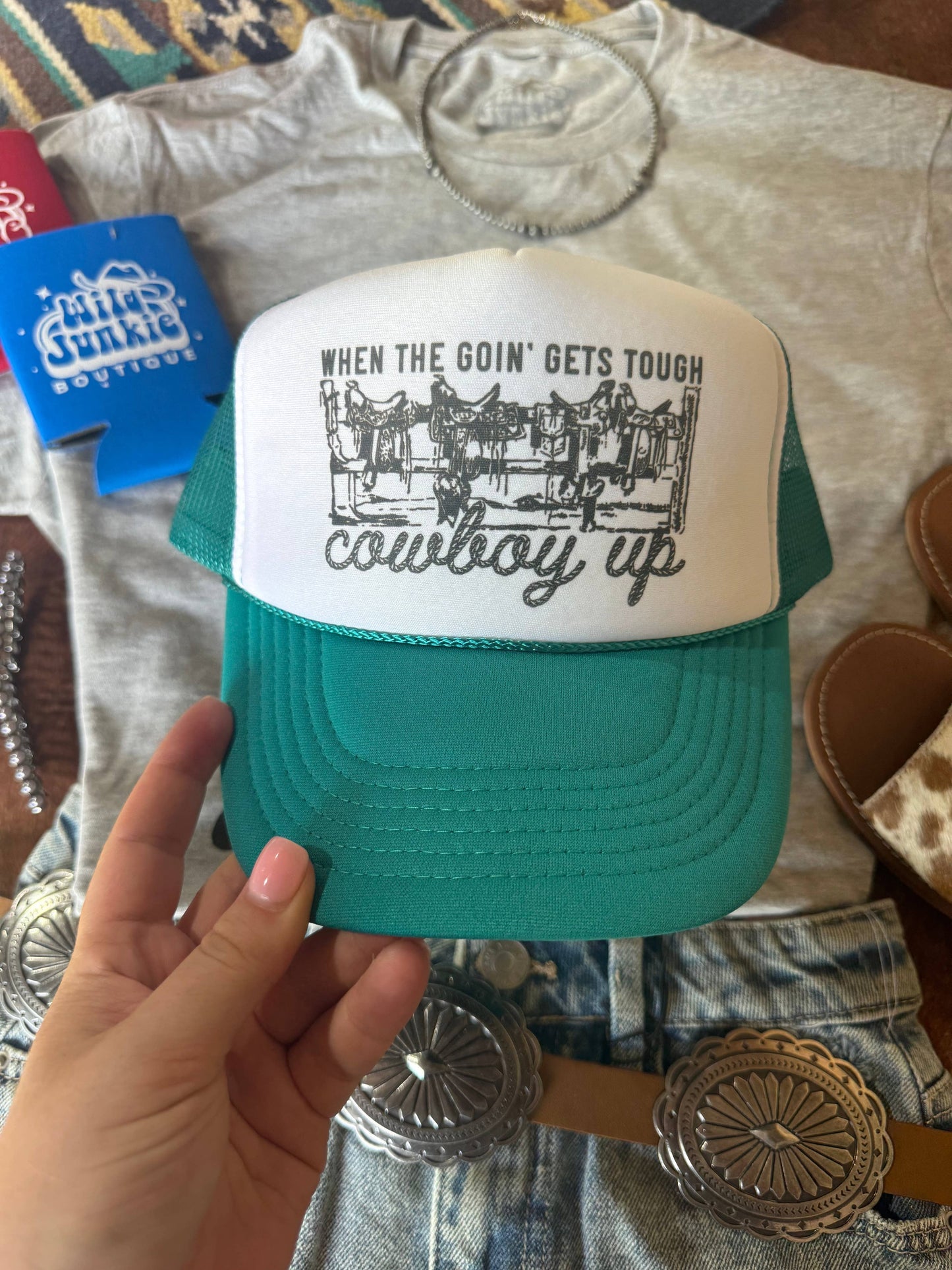When The Going Gets Tough Trucker Hat: Teal and White