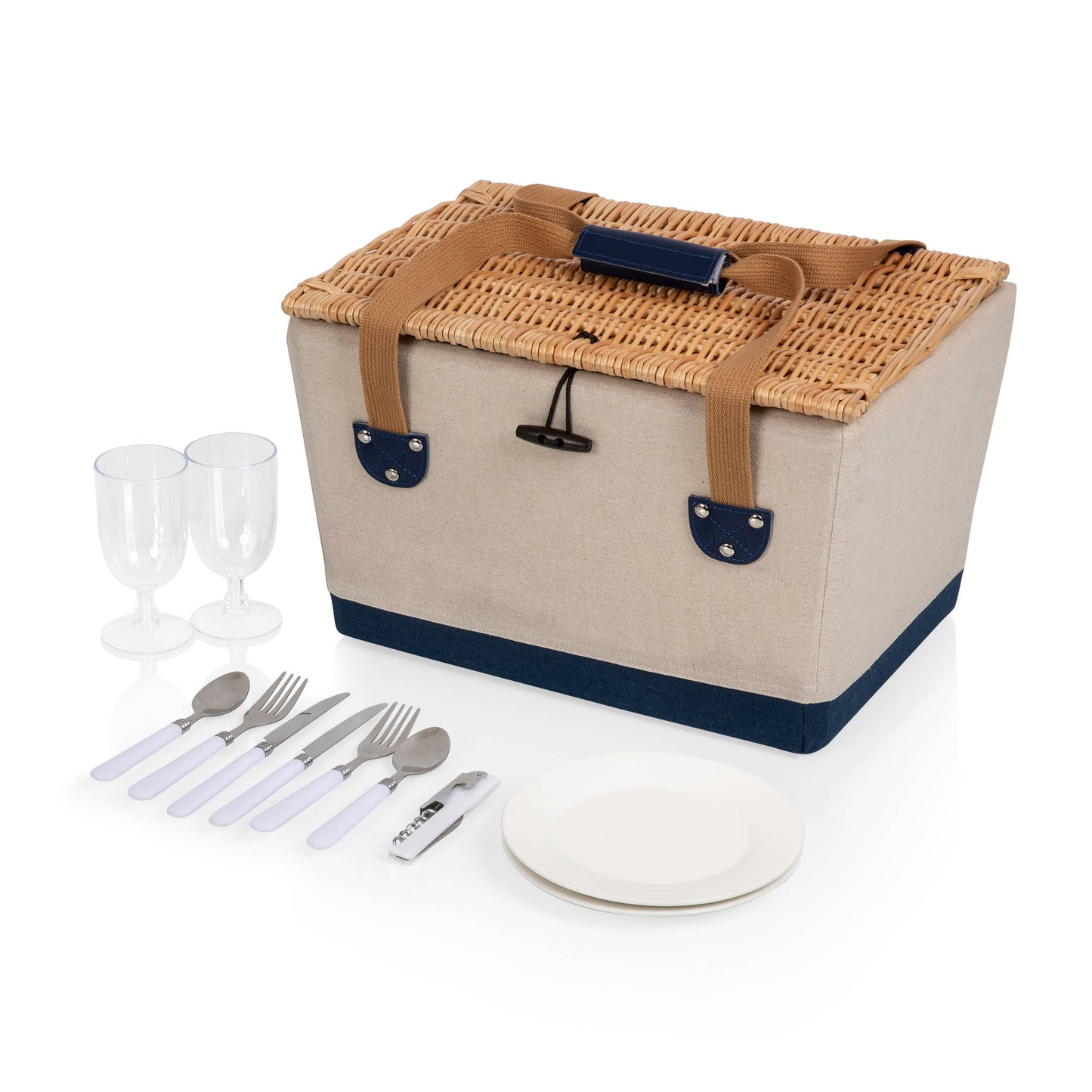 Picnic Basket for 2: Beige Canvas with Navy Blue Accents