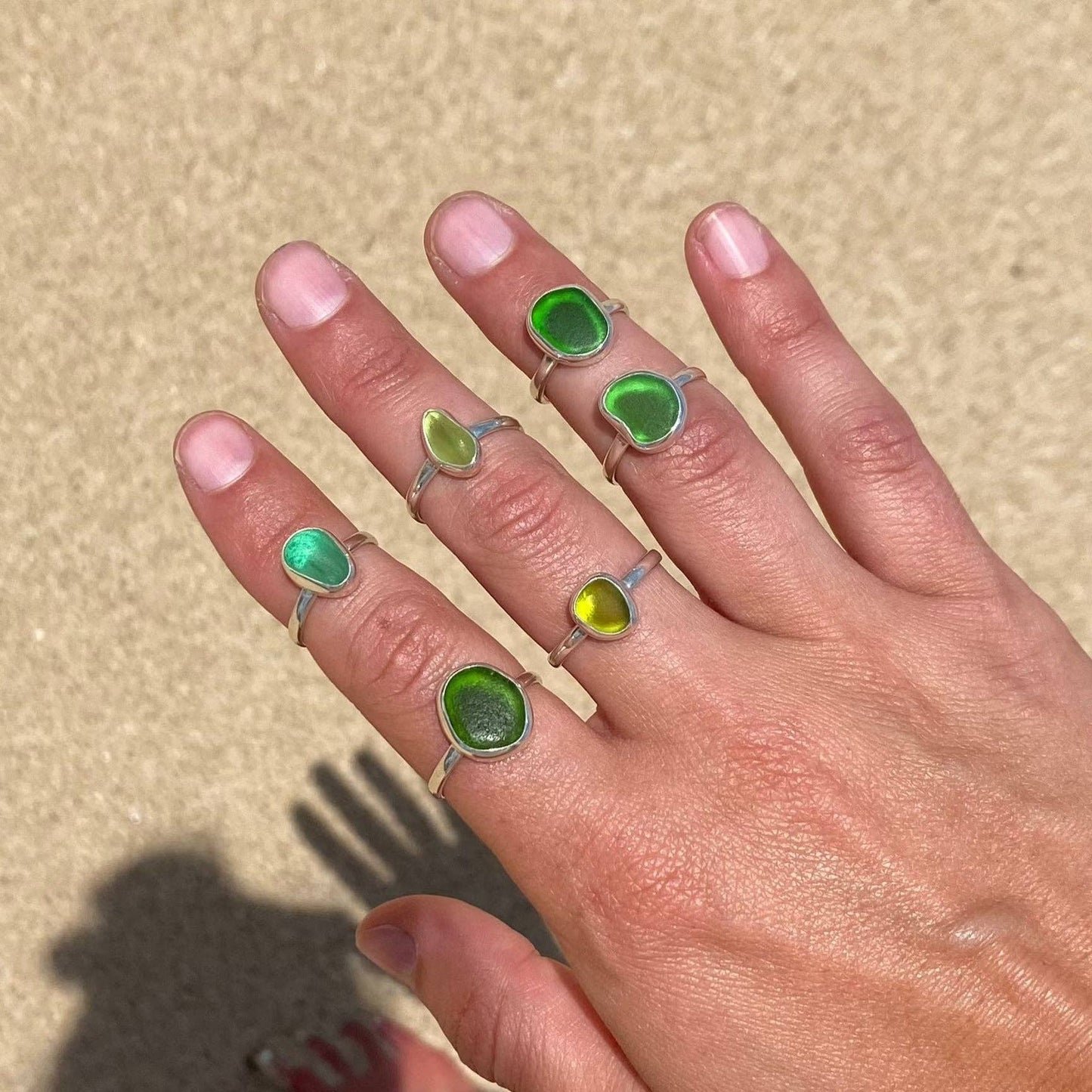 Green Sea Glass Ring (Handmade): 925 Silver / 7
