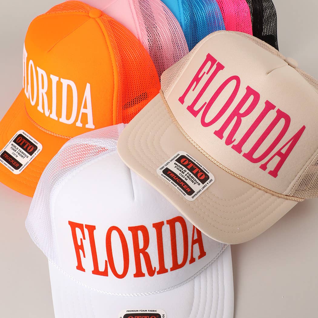 FLORIDA Text Printed Mesh Back Foam Trucker Hat: Pink / ONE SIZE