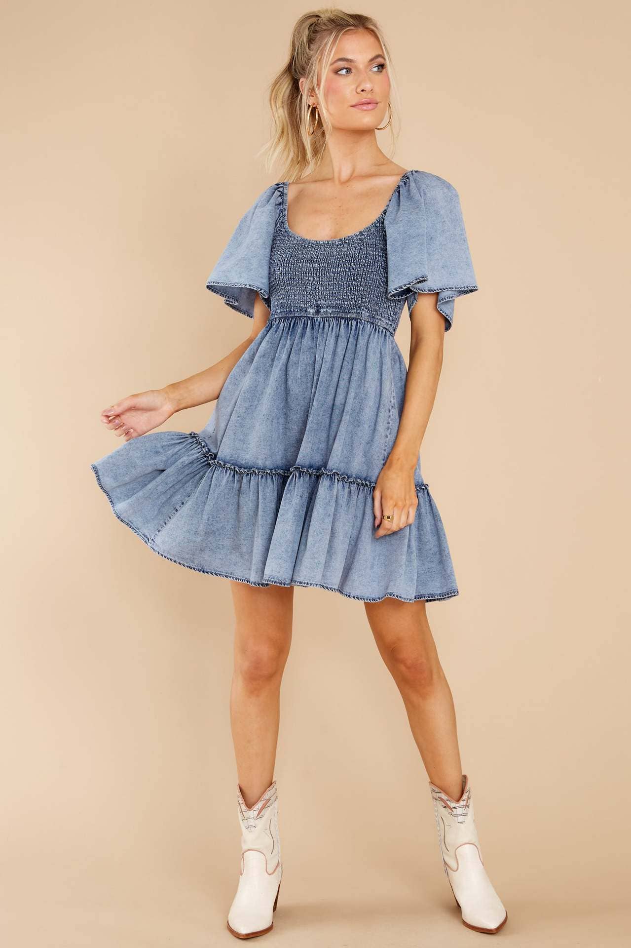 Denim Short Sleeve Tunic Dress: Blue / Missy / XL