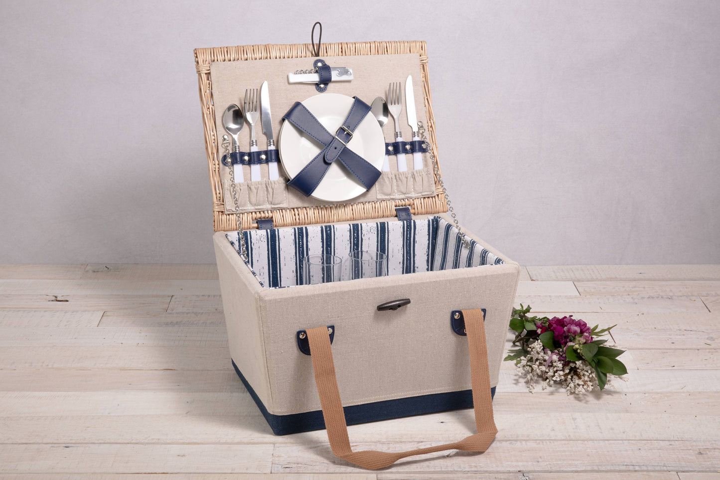 Picnic Basket for 2: Beige Canvas with Navy Blue Accents