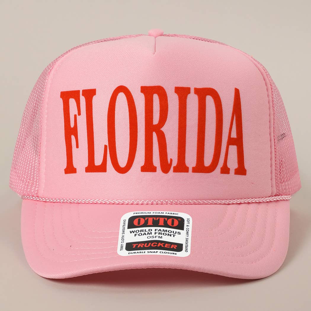 FLORIDA Text Printed Mesh Back Foam Trucker Hat: Pink / ONE SIZE